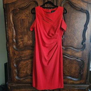 NWOT Tahari Red Ruched Sheath Midi Dress Cold Shoulder
